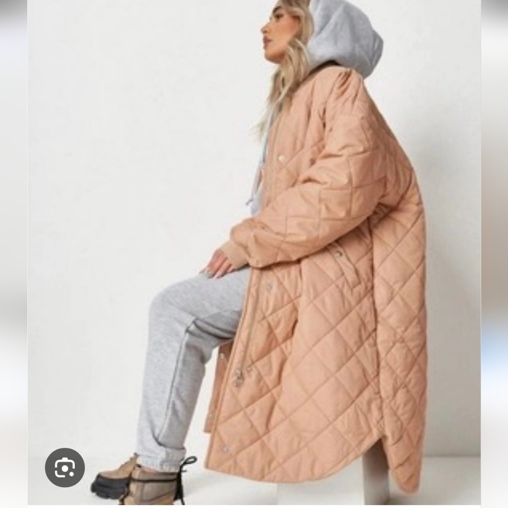 Misguided Camel Quilted Puffer Coat Oversized Full Zip Pockets Long Sleeves Sz 4